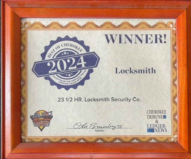 award certificate for "Locksmith" given to "23 1/2 HR. Locksmith Security Co." in 2024, presented by Cherokee Tribune & Ledger-News.